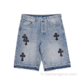 Men de broderie à taille haute les shorts en jean